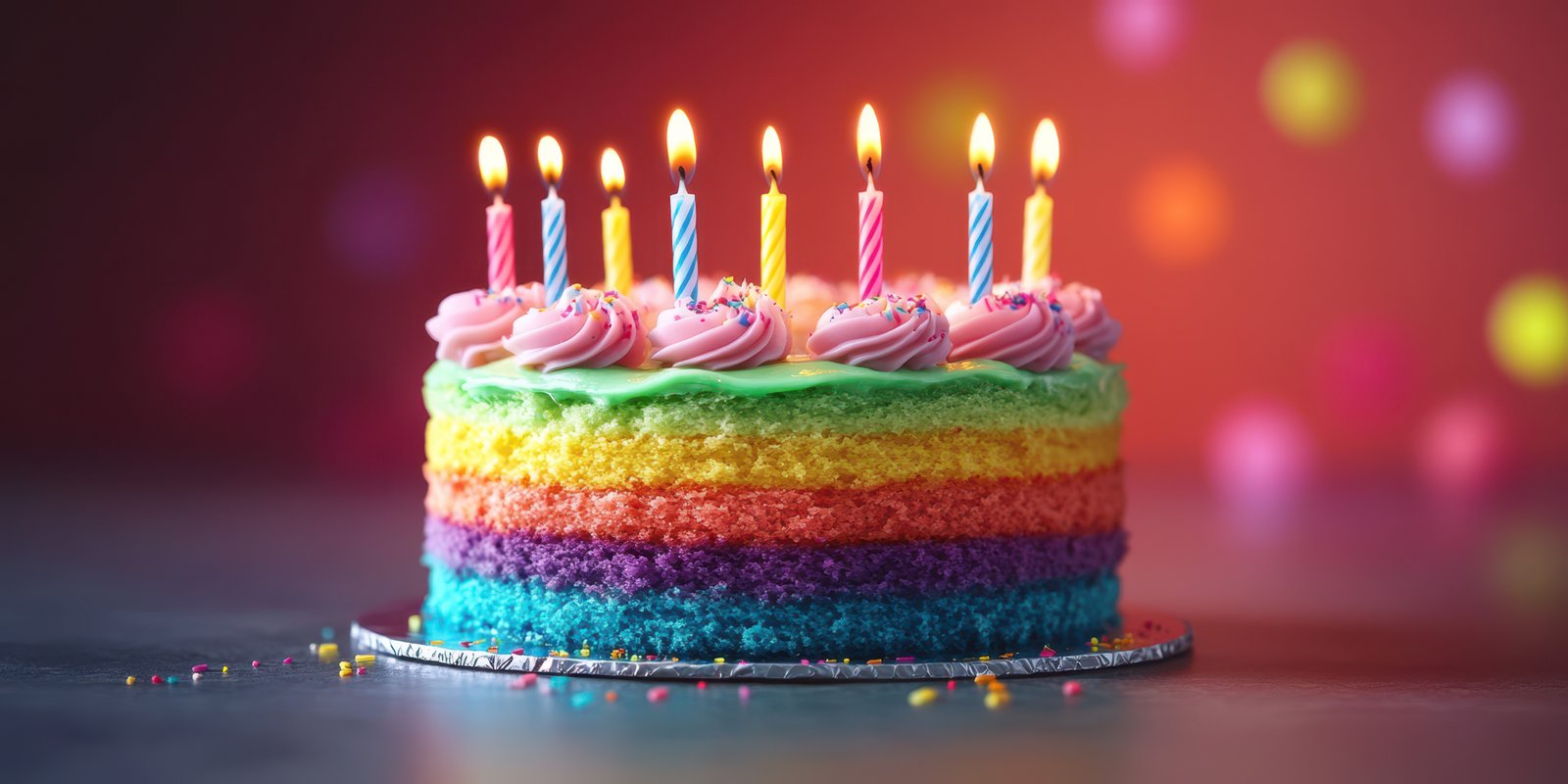 Colorful layered cake with candles illuminated at a celebration during nighttime gathering